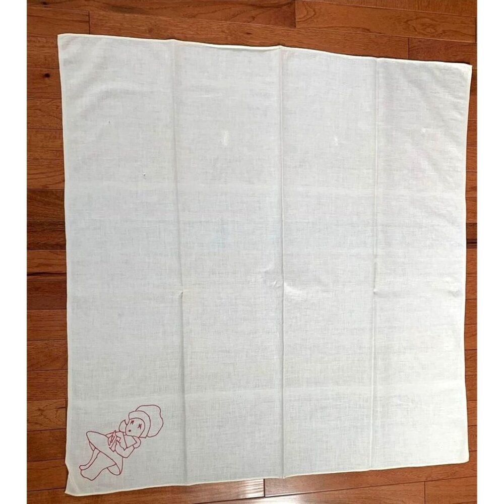 Hand Embroidered Red Girl Tablecloth 34” x 34” Cotton White & Red Vintage